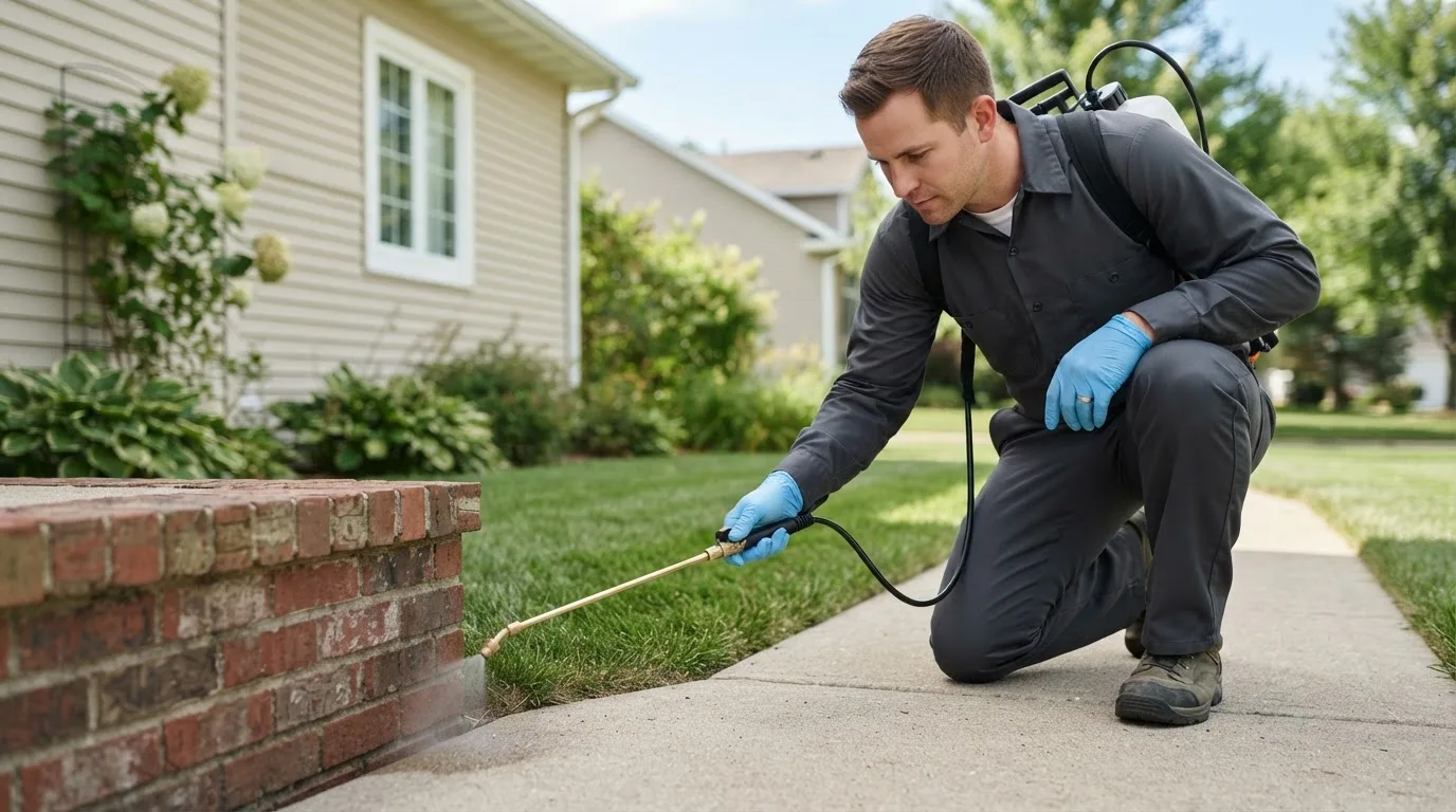 Pest control technician treating a home near Maumee, OH